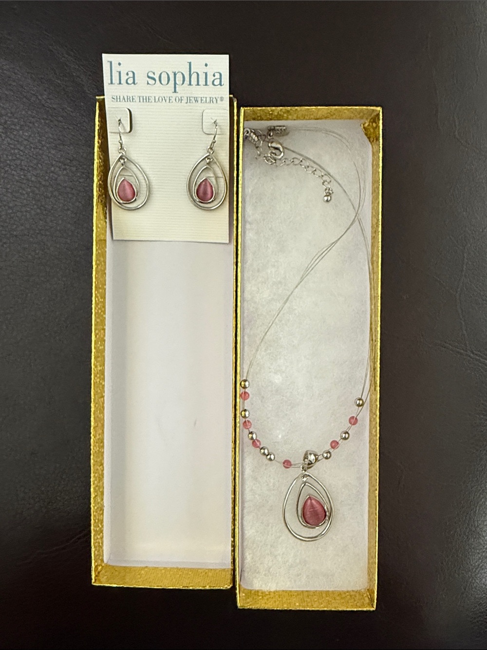 Lia Sophia Silver-Tone Necklace and Earrings with Pink Teardrops NEW